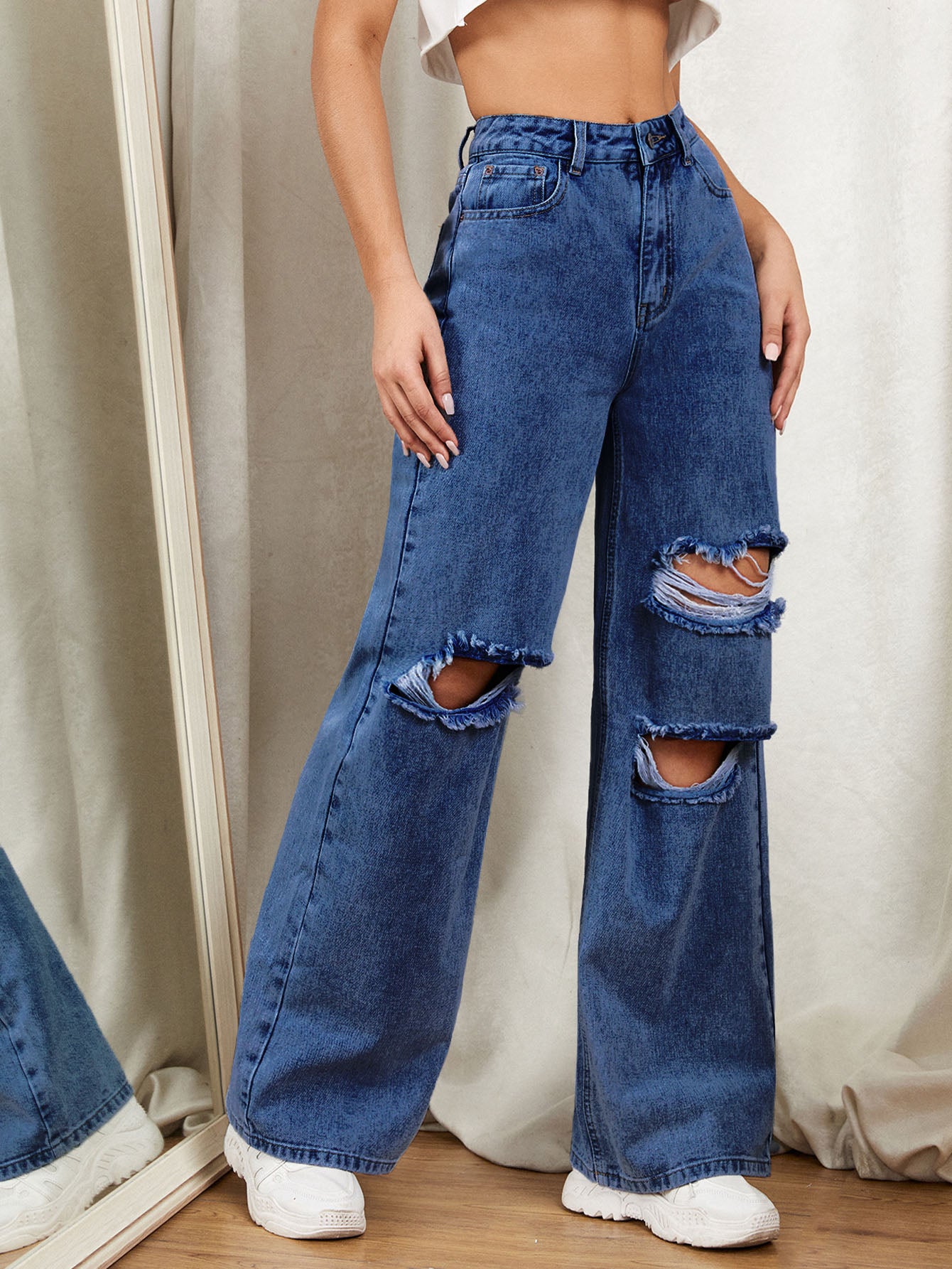 VANS RIPPED HIGH WAISTED WIDE LEG DENIM JEANS