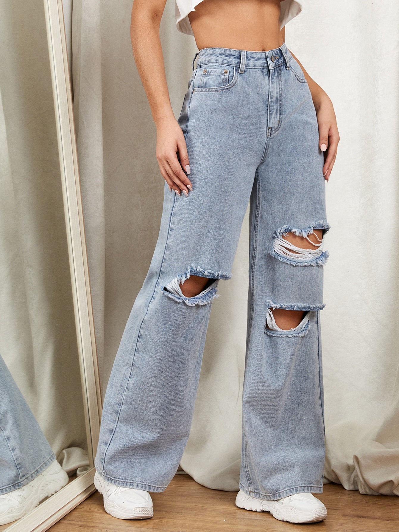 VANS RIPPED HIGH WAISTED WIDE LEG DENIM JEANS
