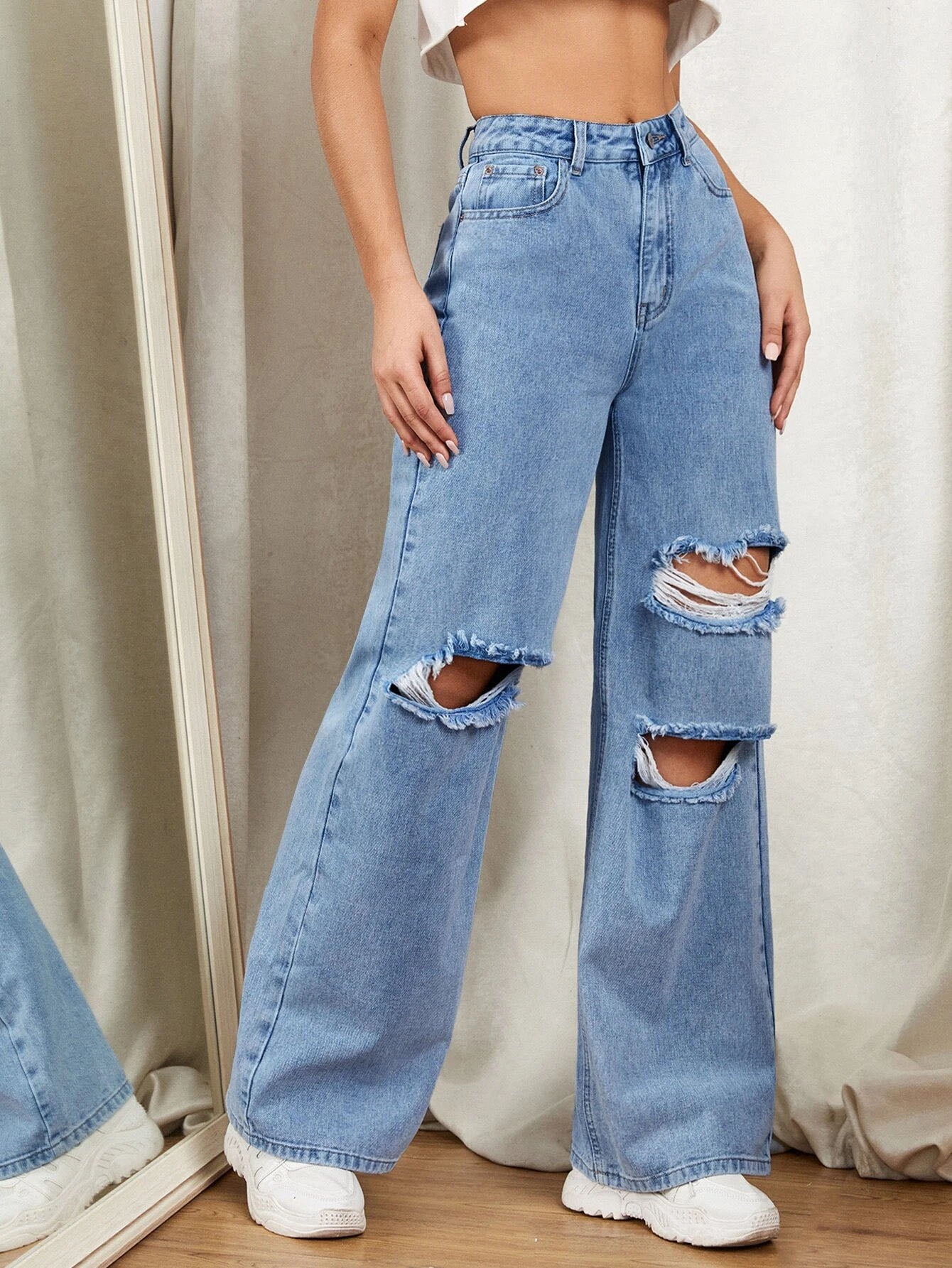 VANS RIPPED HIGH WAISTED WIDE LEG DENIM JEANS