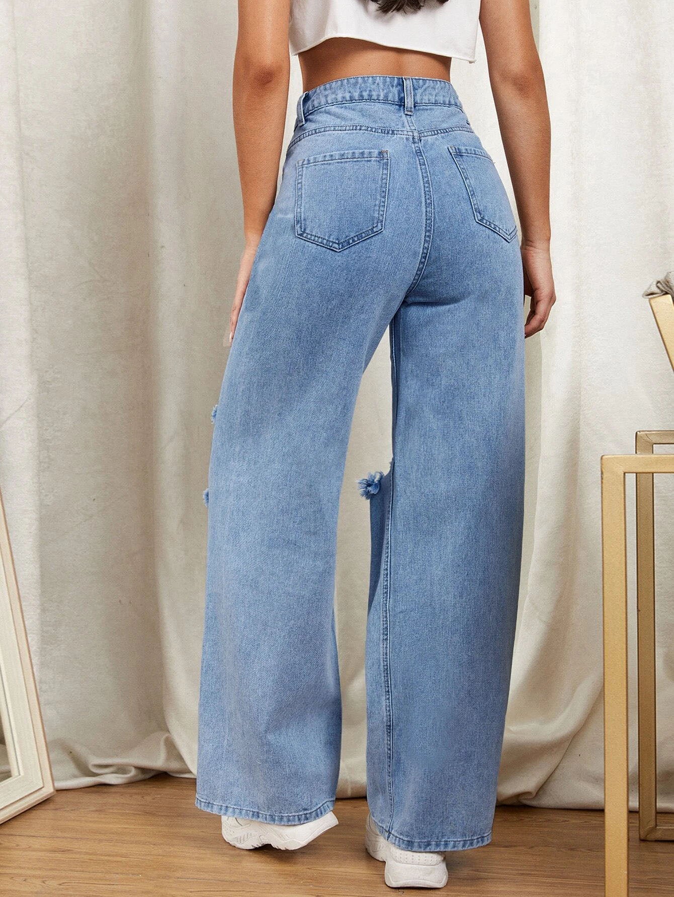 VANS RIPPED HIGH WAISTED WIDE LEG DENIM JEANS