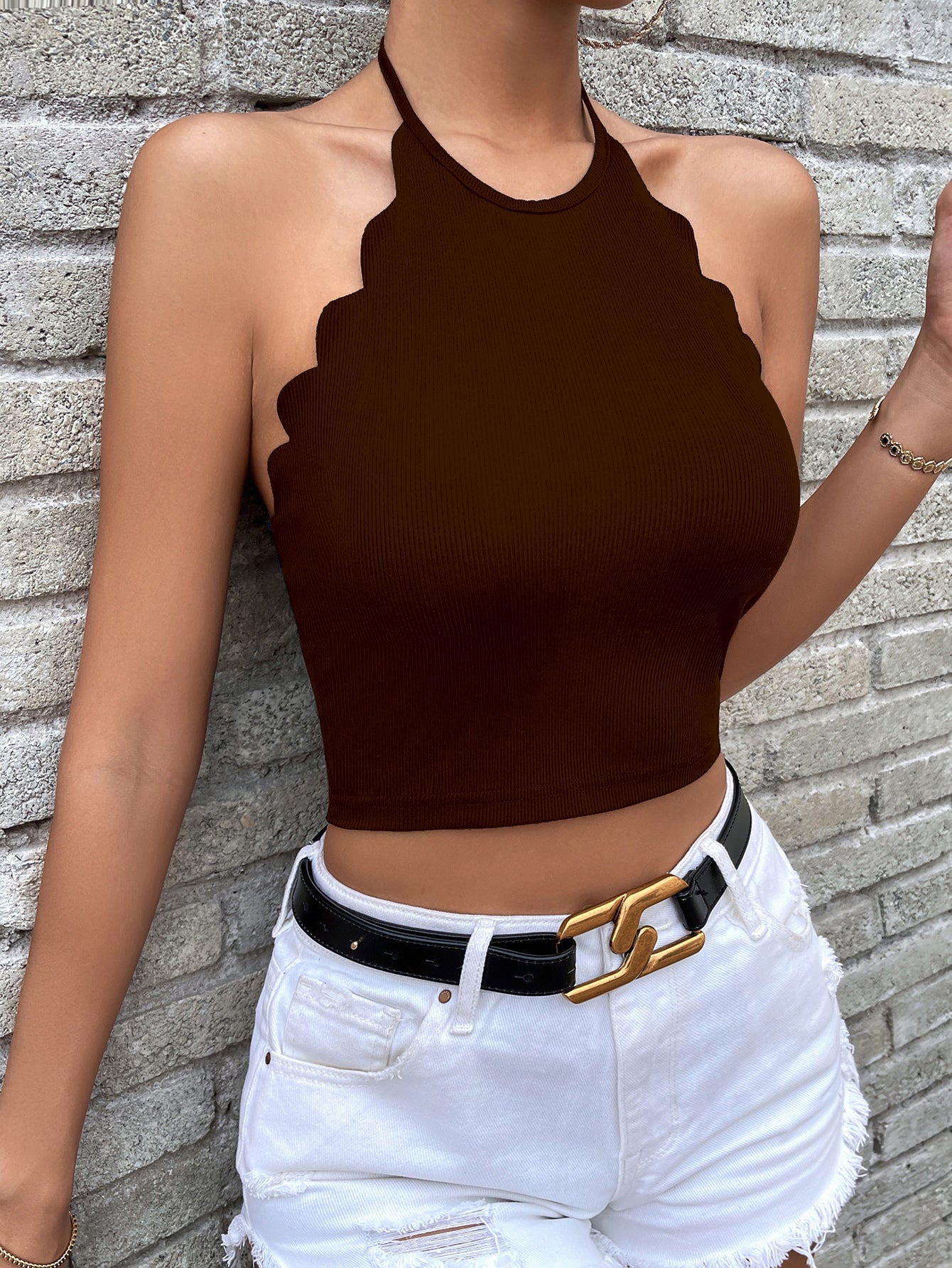 PEPPI SLIM FIT SOLID SCALLOP TRIM TIED BACKLESS HALTER TOP