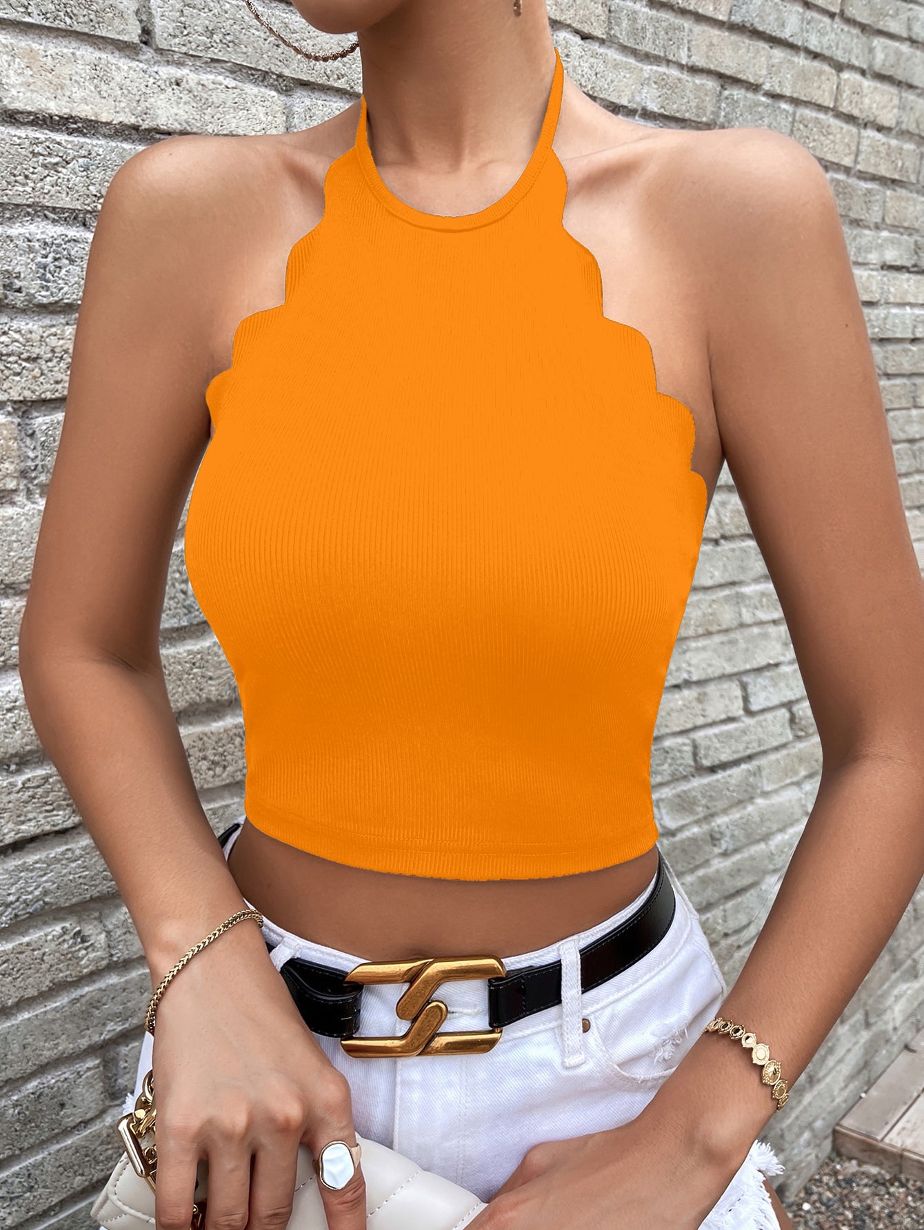 PEPPI SLIM FIT SOLID SCALLOP TRIM TIED BACKLESS HALTER TOP