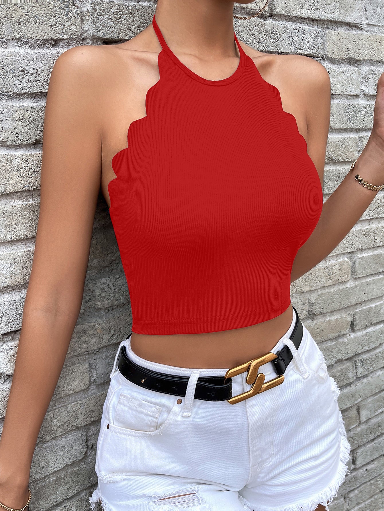 PEPPI SLIM FIT SOLID SCALLOP TRIM TIED BACKLESS HALTER TOP