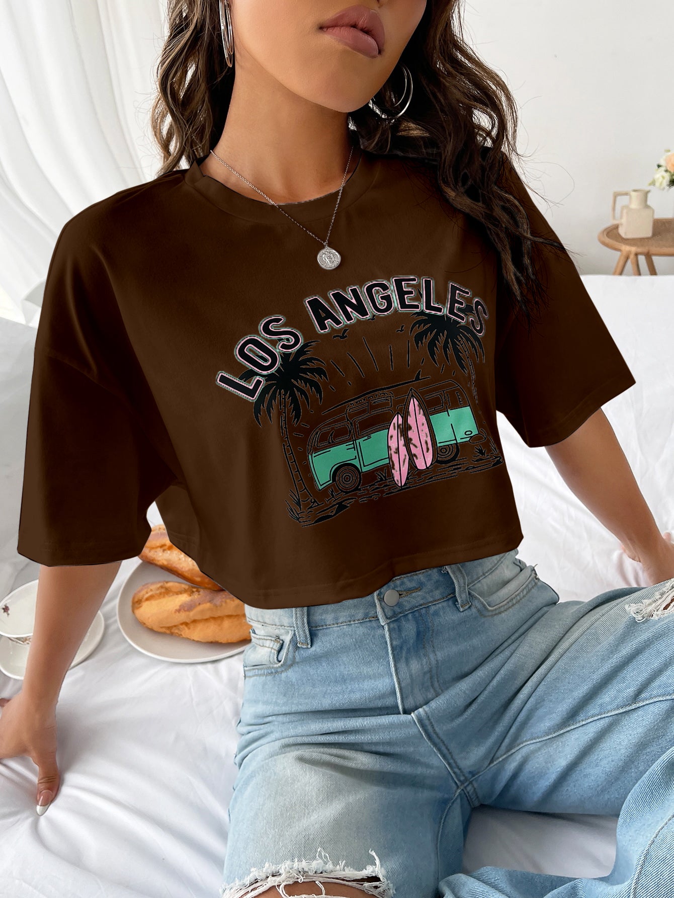 DMITRI SOLID CAR & LETTER GRAPHIC DROP SHOULDER RELAXED FIT CROP TEE TOP
