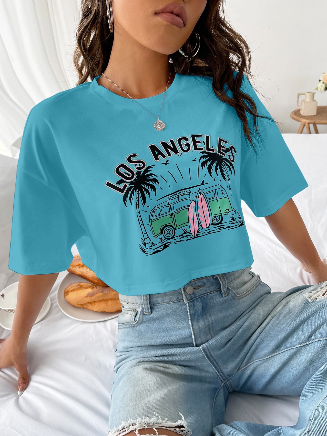 DMITRI SOLID CAR & LETTER GRAPHIC DROP SHOULDER RELAXED FIT CROP TEE TOP