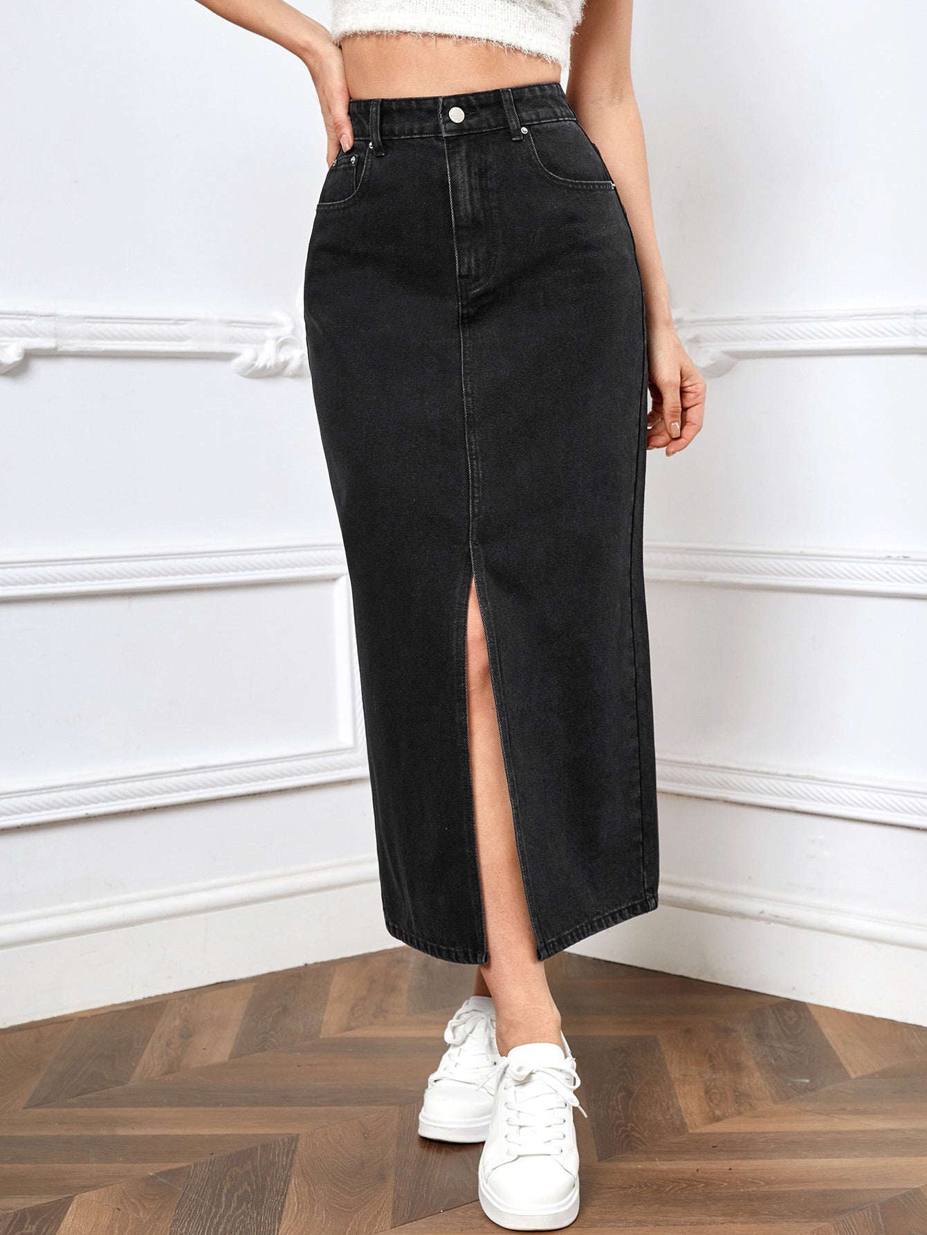KOSSMOSS SOLID HIGH WAIST SLIT DENIM SKIRT
