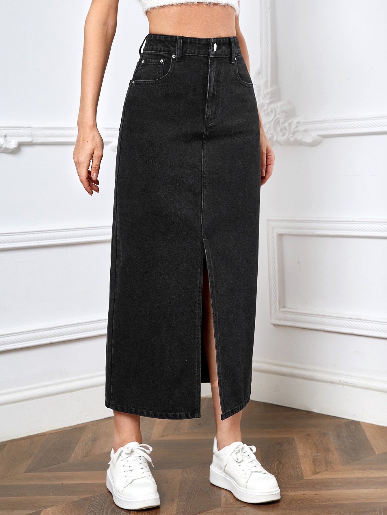 KOSSMOSS SOLID HIGH WAIST SLIT DENIM SKIRT