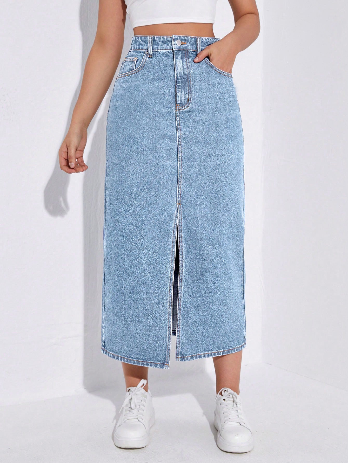 KOSSMOSS SOLID HIGH WAIST SLIT DENIM SKIRT