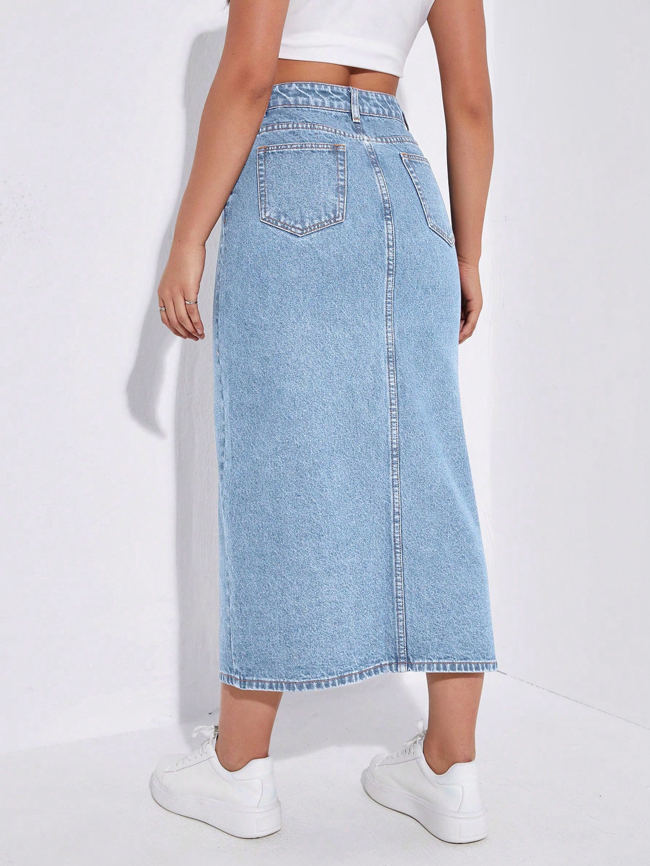KOSSMOSS SOLID HIGH WAIST SLIT DENIM SKIRT