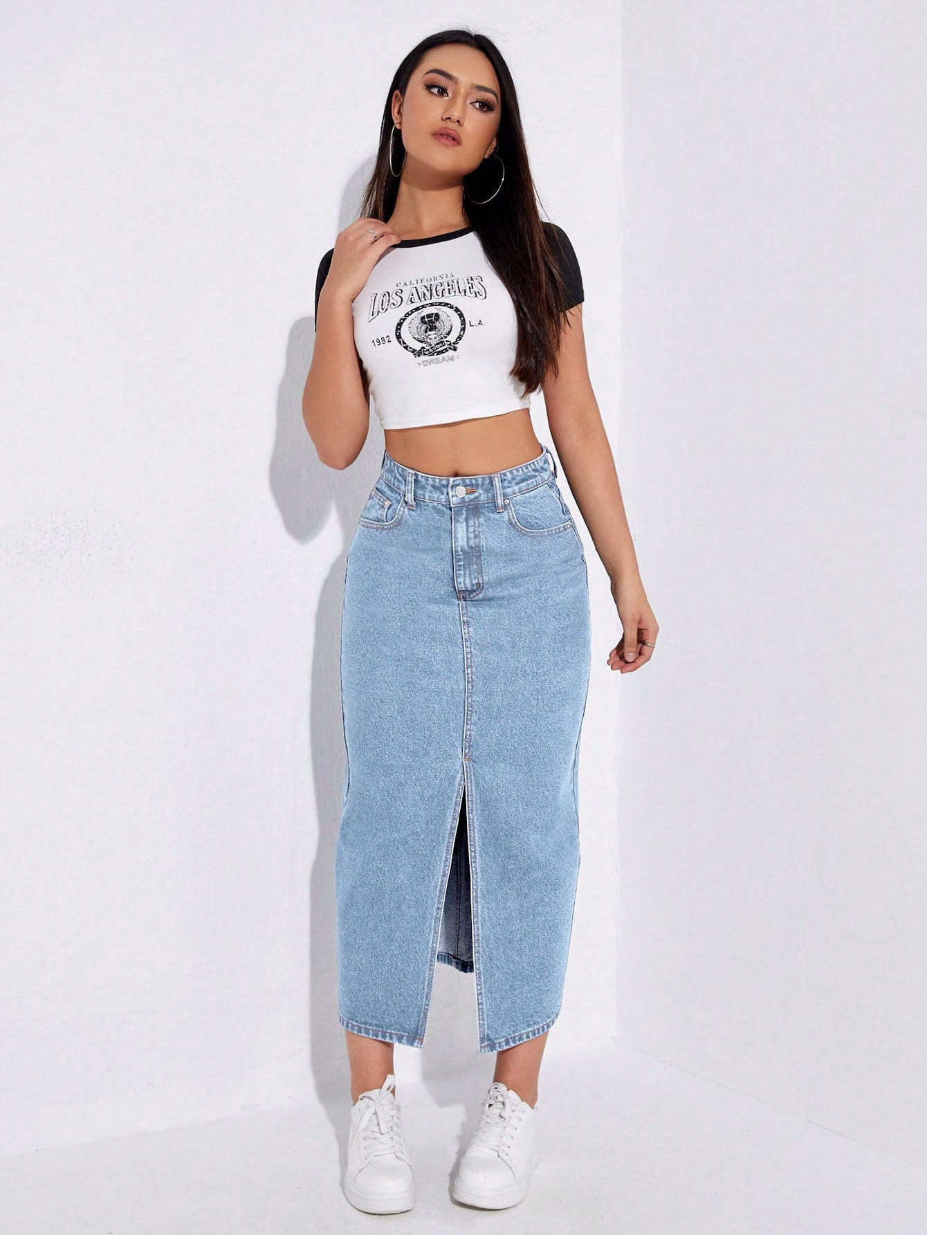 KOSSMOSS SOLID HIGH WAIST SLIT DENIM SKIRT