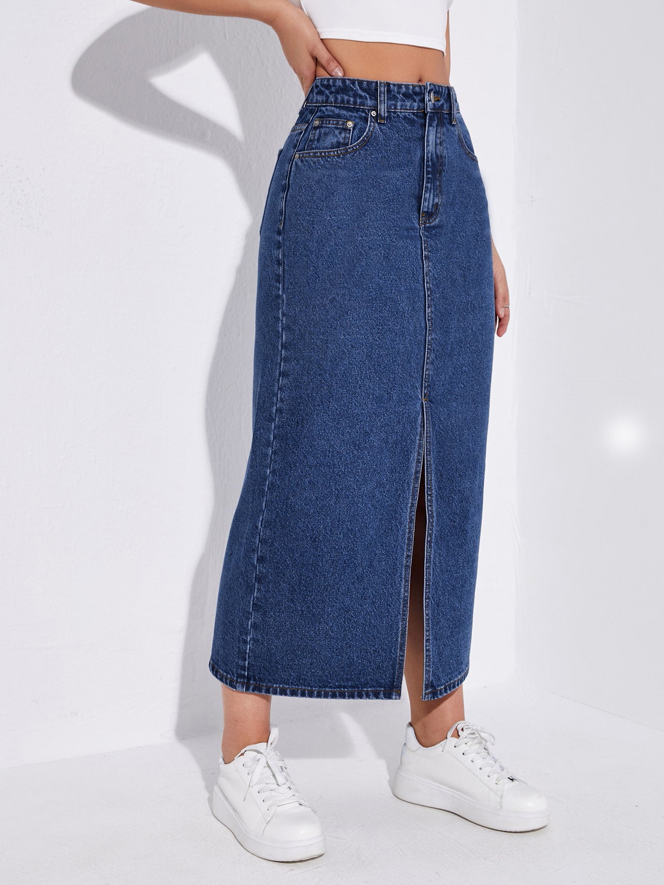 KOSSMOSS SOLID HIGH WAIST SLIT DENIM SKIRT