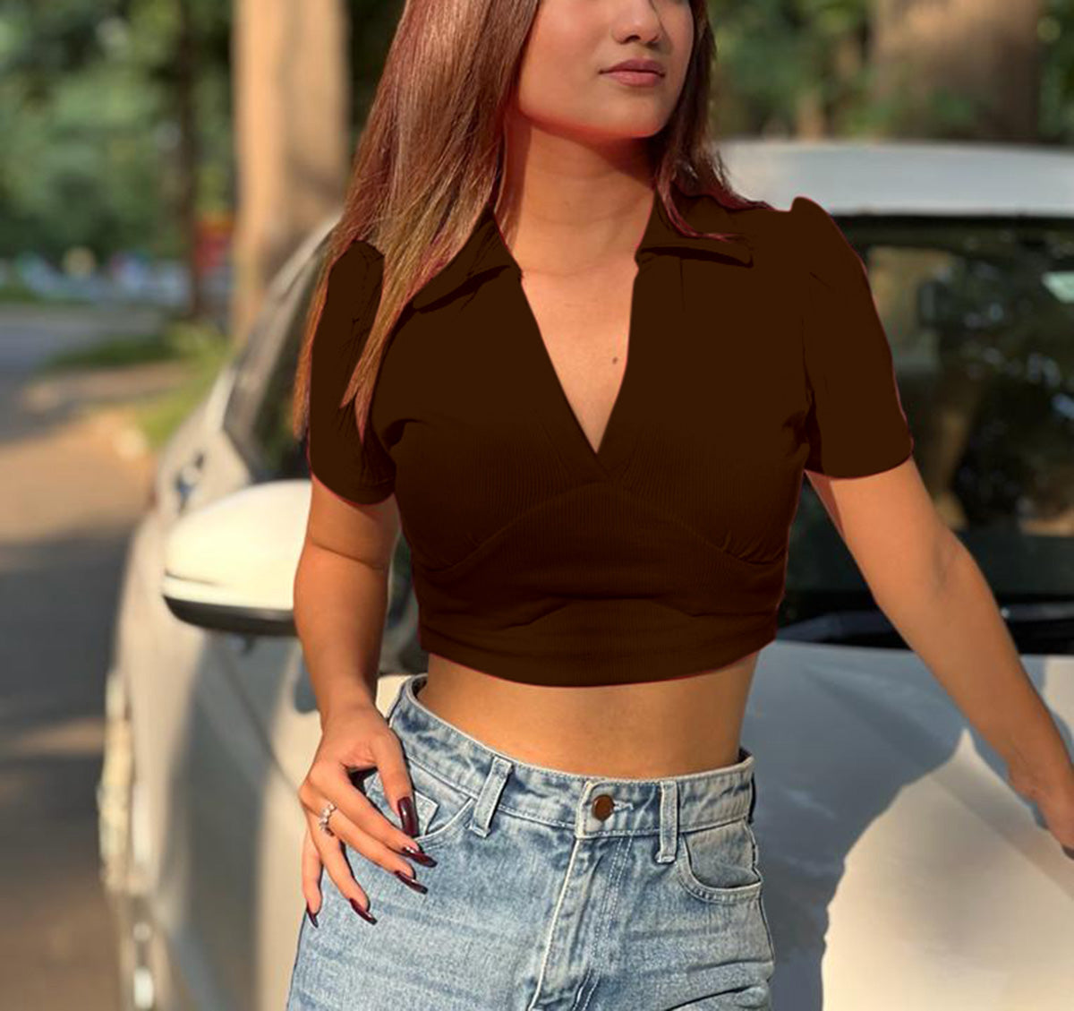 CANNES BASIC SOLID COLLARED RIBBED CROP TOP