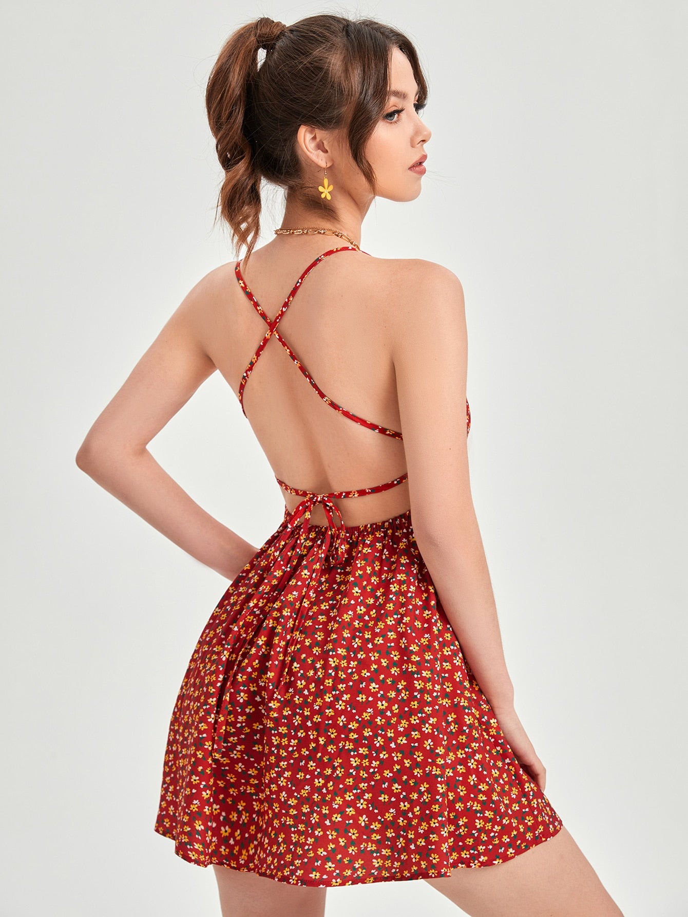 MOCHA LACE UP BACKLESS DITSY FLORAL CAMI DRESS