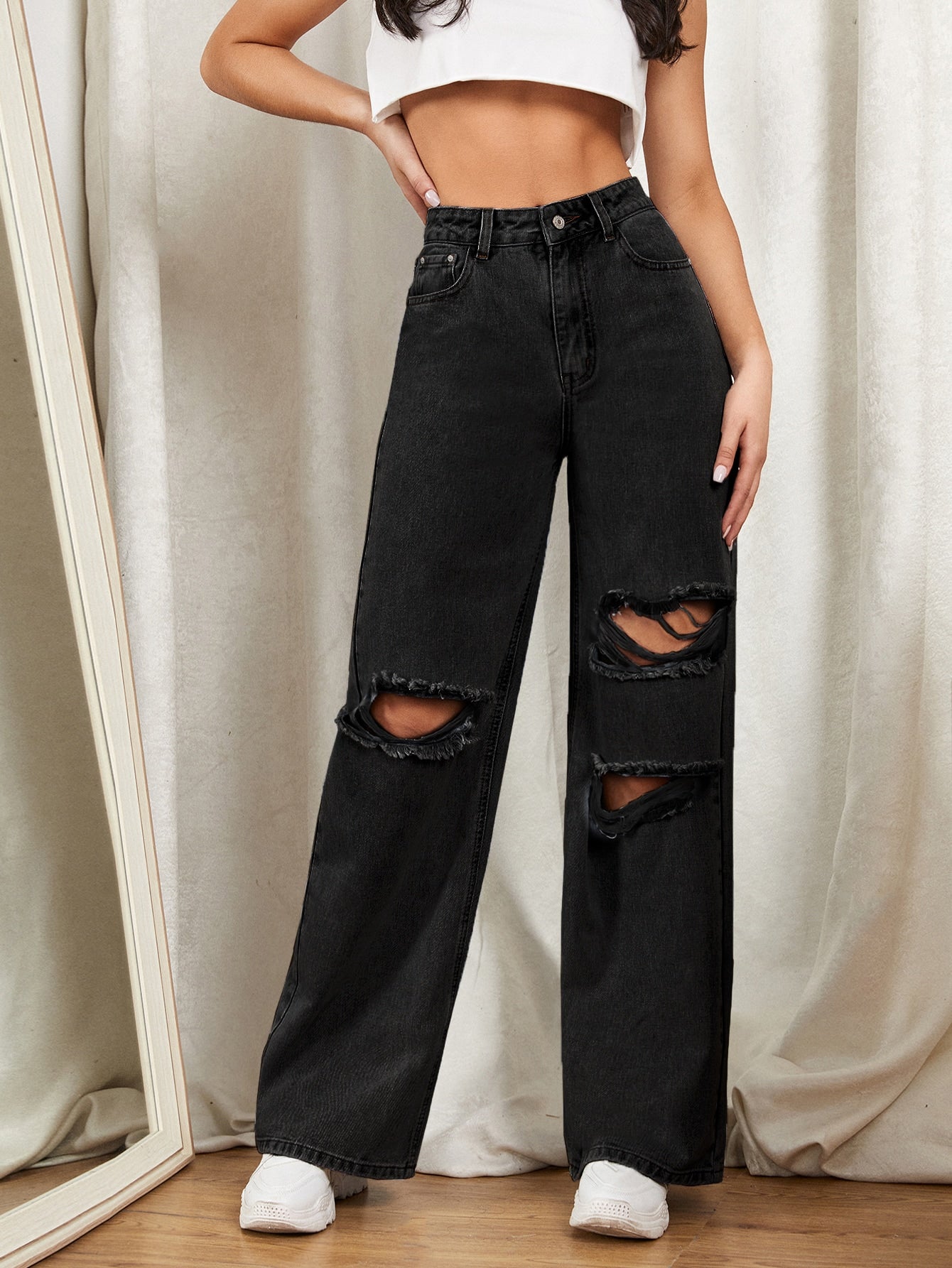 VANS RIPPED HIGH WAISTED WIDE LEG DENIM JEANS