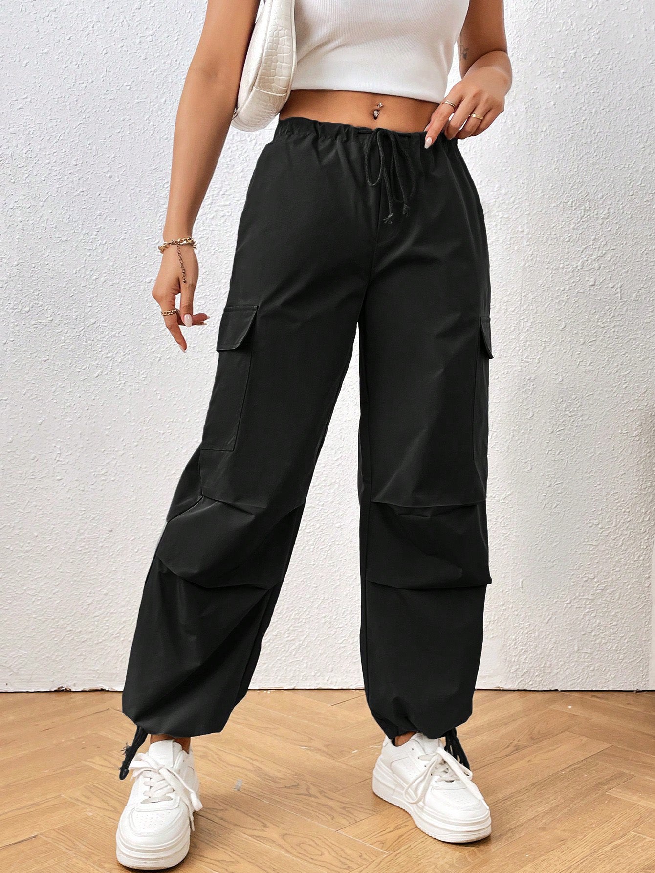 ADELINA SOLID DRAWSTRING WAIST FLAP POCKET SIDE PARACHUTE CARGO PANTS