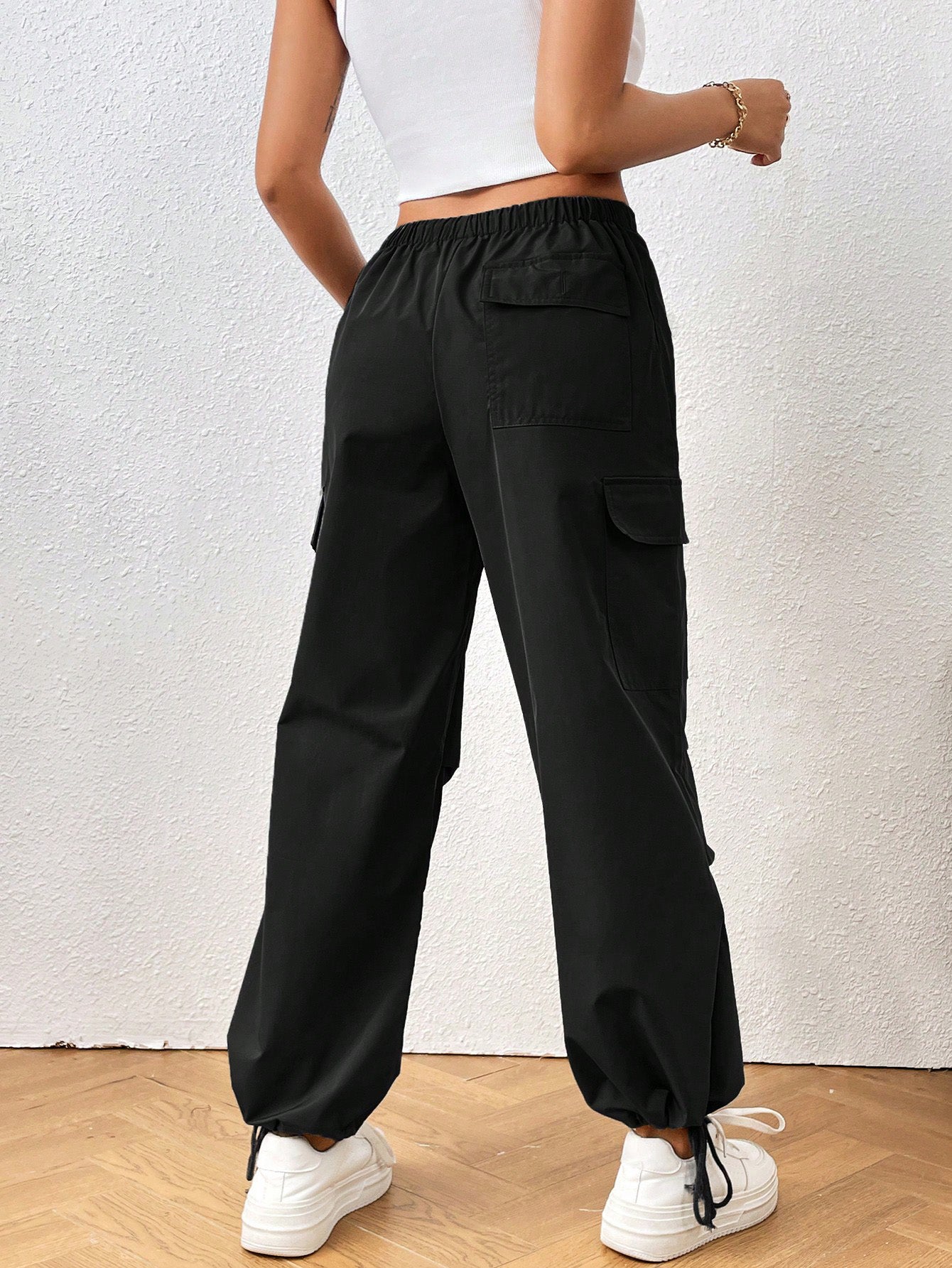ADELINA SOLID DRAWSTRING WAIST FLAP POCKET SIDE PARACHUTE CARGO PANTS