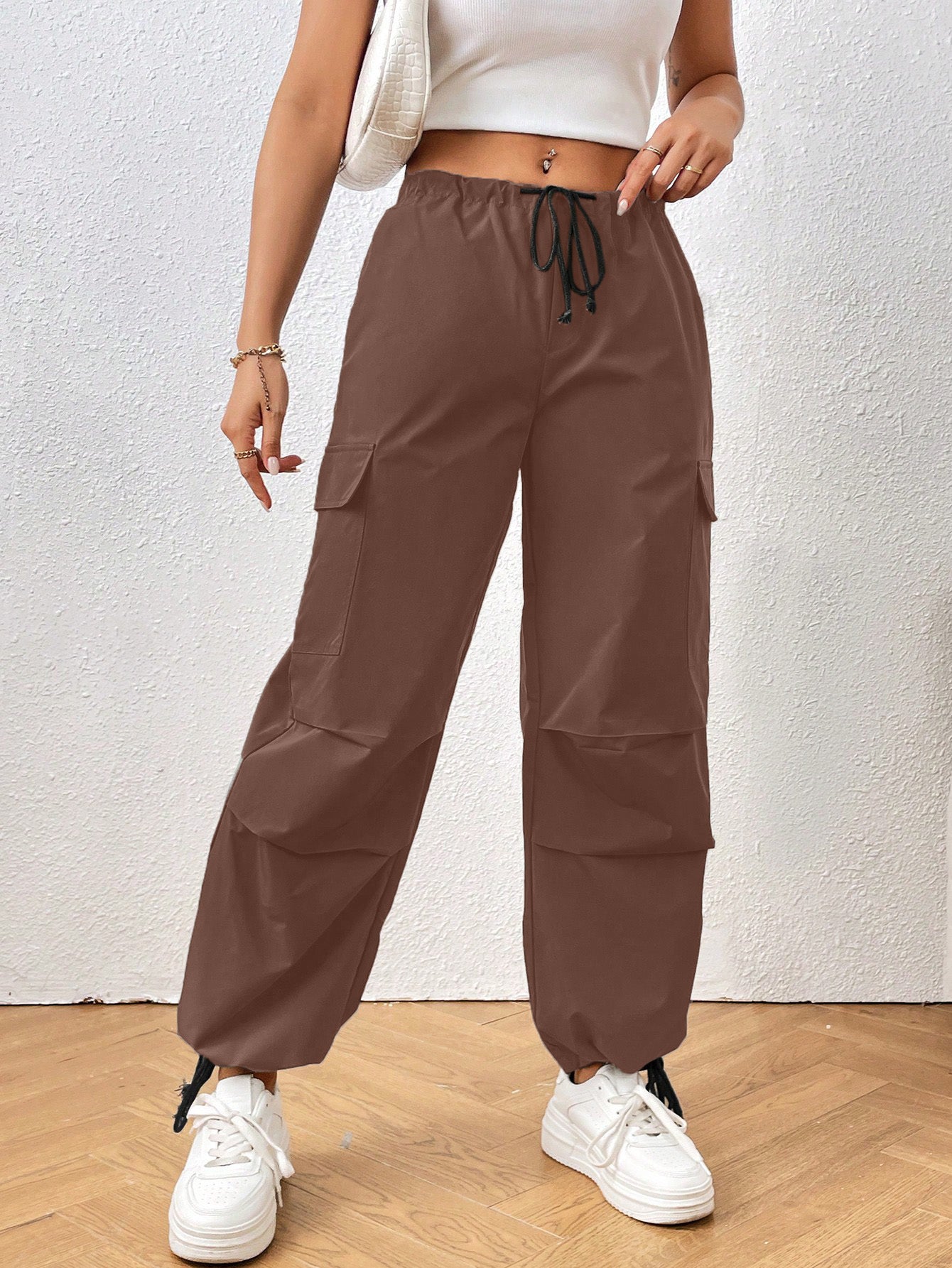 ADELINA SOLID DRAWSTRING WAIST FLAP POCKET SIDE PARACHUTE CARGO PANTS