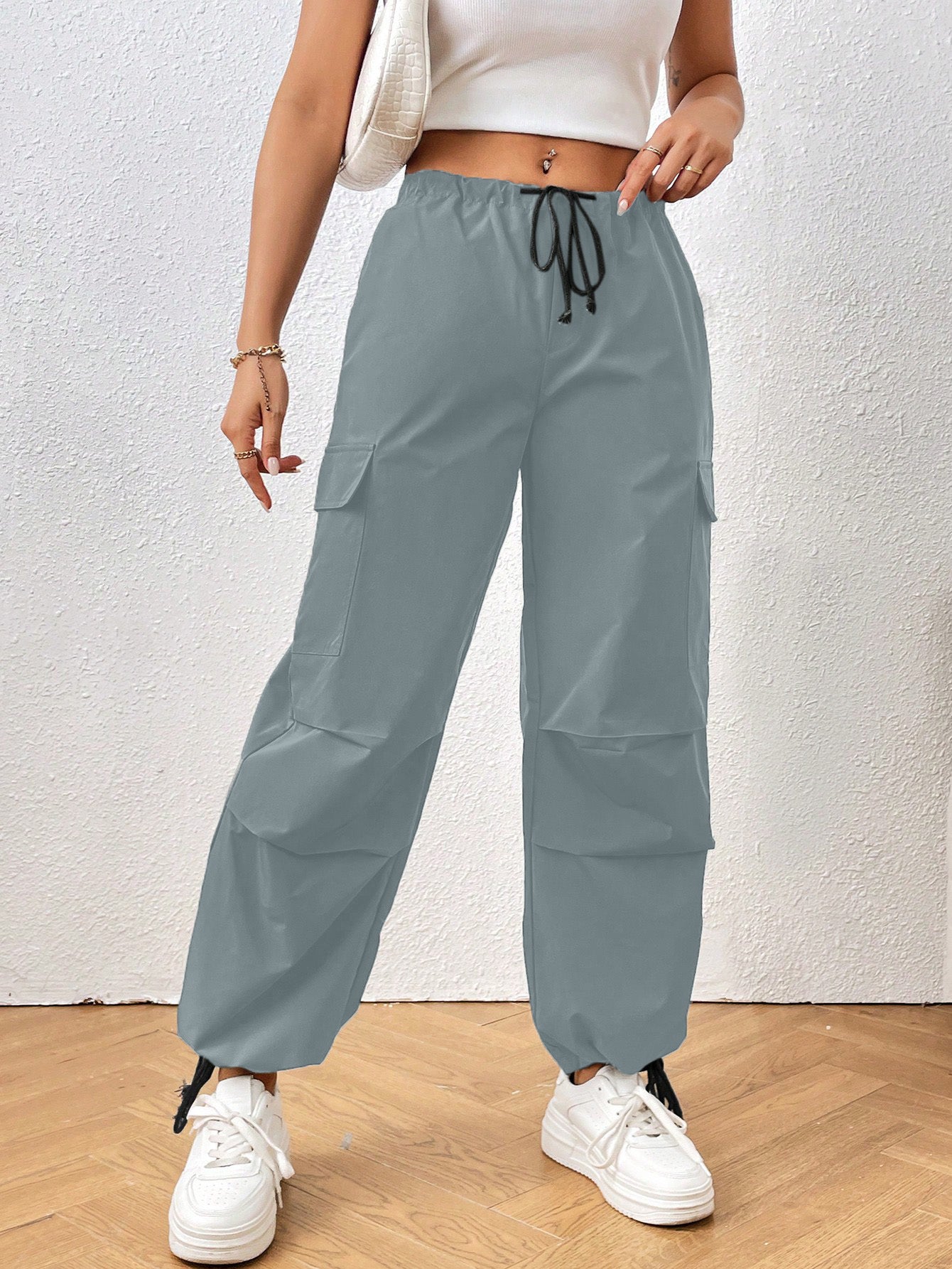 ADELINA SOLID DRAWSTRING WAIST FLAP POCKET SIDE PARACHUTE CARGO PANTS