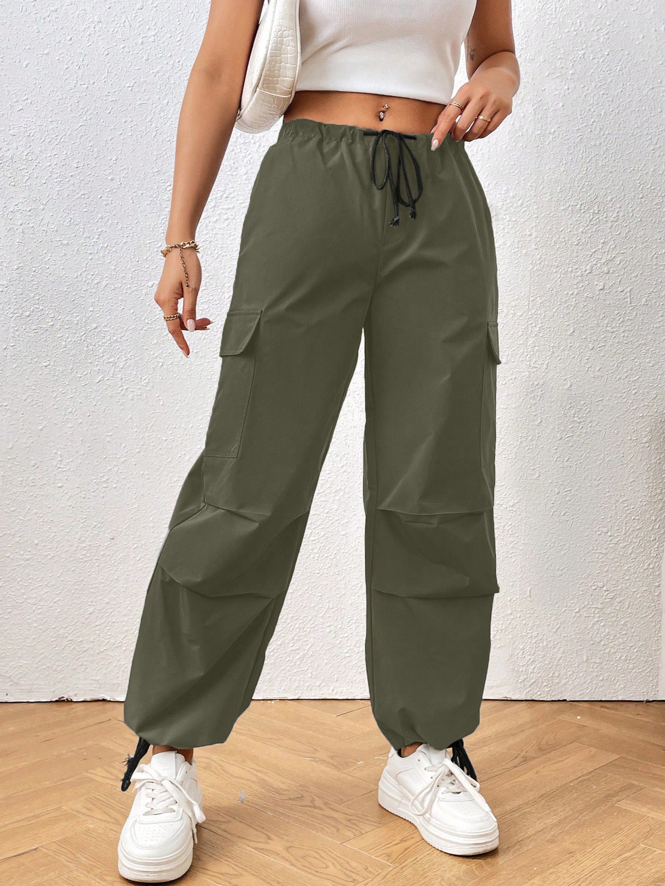 ADELINA SOLID DRAWSTRING WAIST FLAP POCKET SIDE PARACHUTE CARGO PANTS