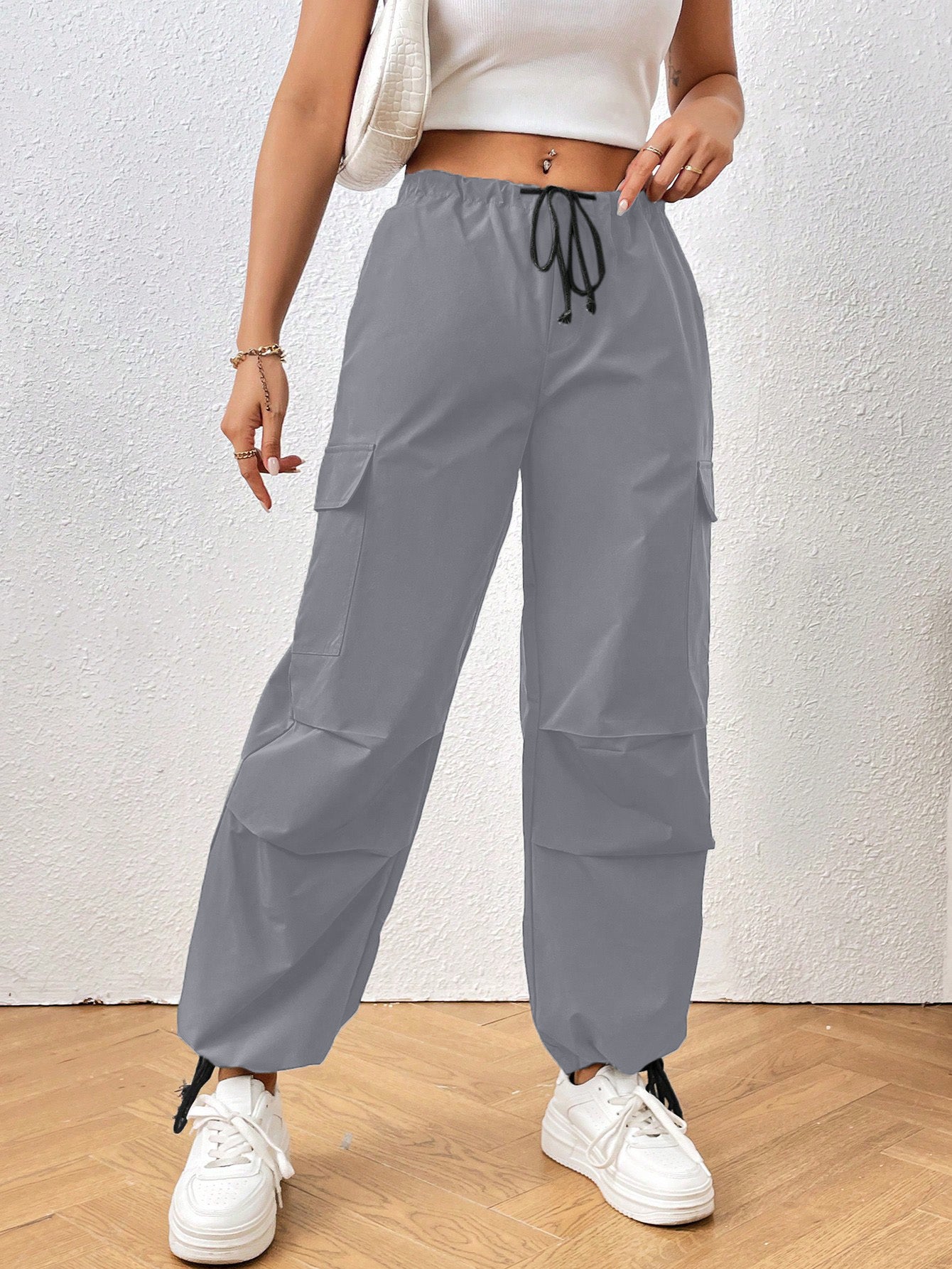 ADELINA SOLID DRAWSTRING WAIST FLAP POCKET SIDE PARACHUTE CARGO PANTS