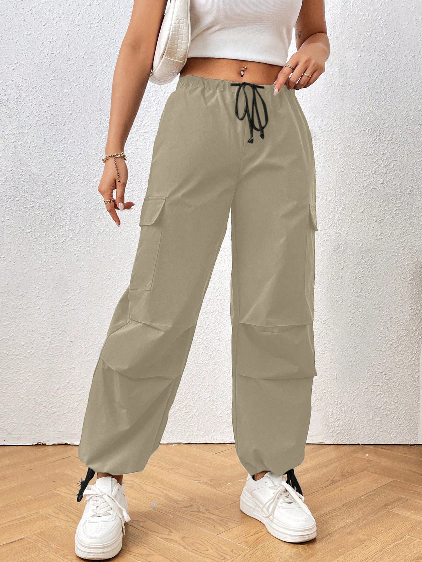 ADELINA SOLID DRAWSTRING WAIST FLAP POCKET SIDE PARACHUTE CARGO PANTS