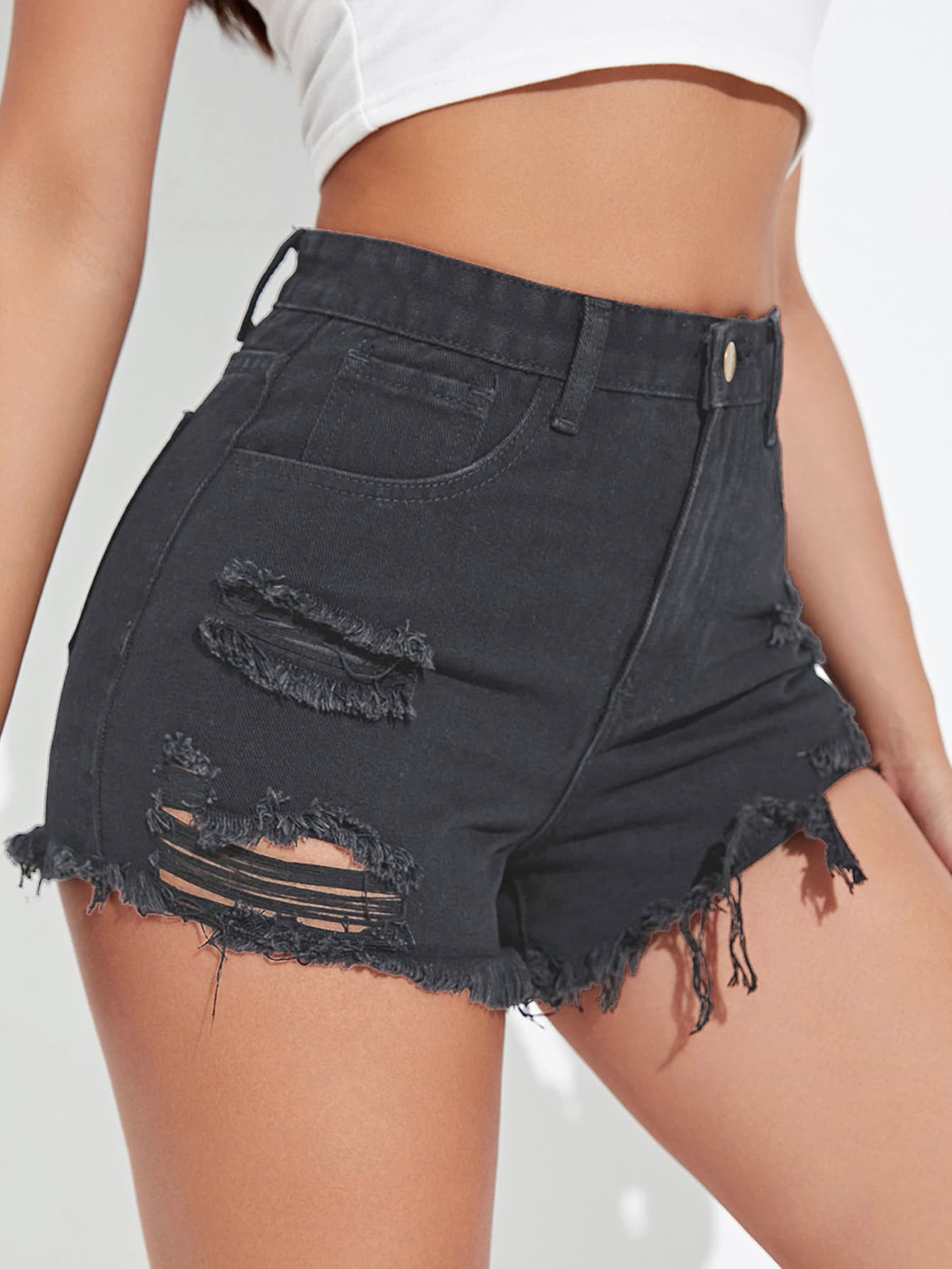 JAVIERA SOLID HIGH WAIST RIPPED RAW TRIM DENIM SHORTS