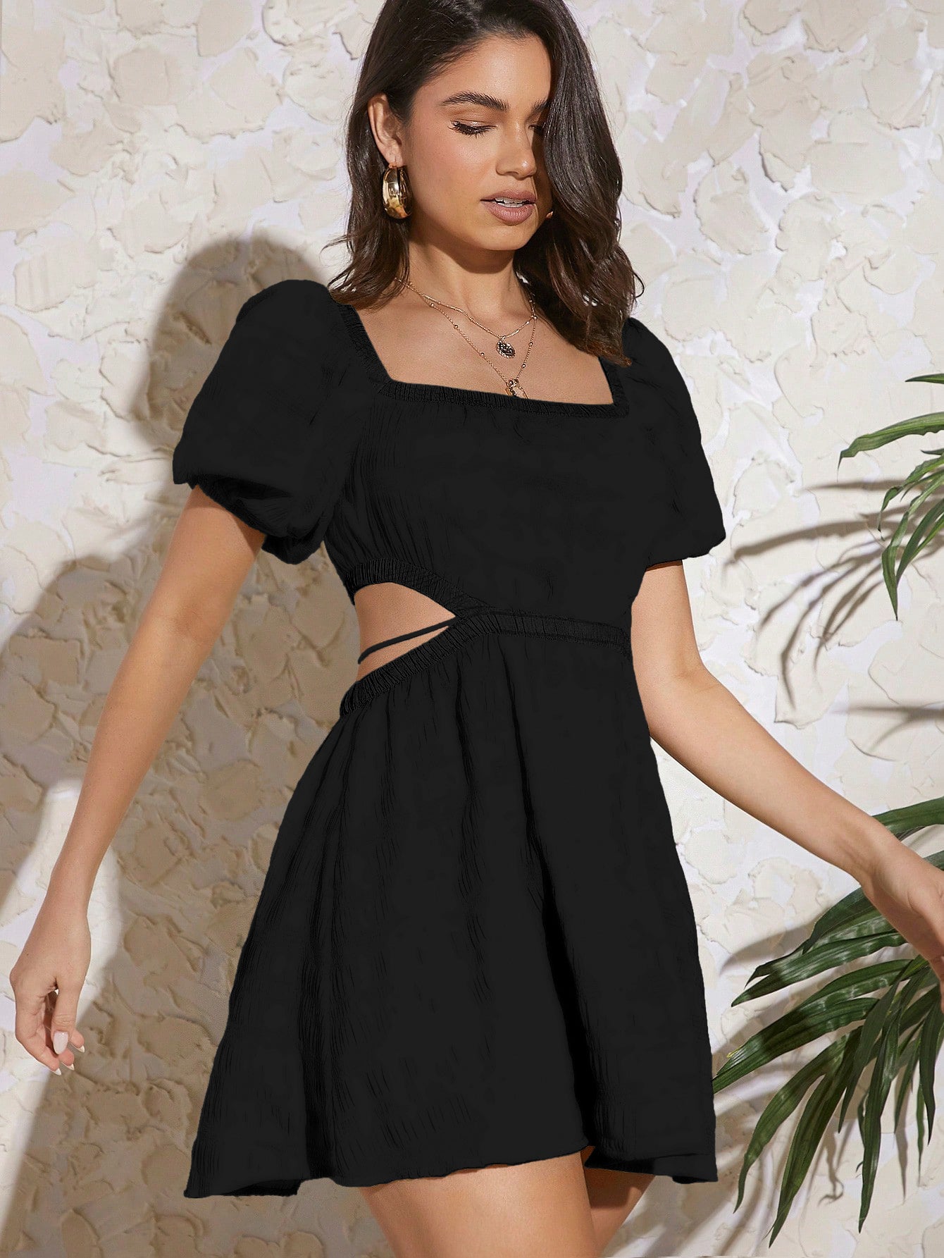 AJULO SQUARE NECK PUFF SLEEVE CUT OUT WAIST MINI DRESS