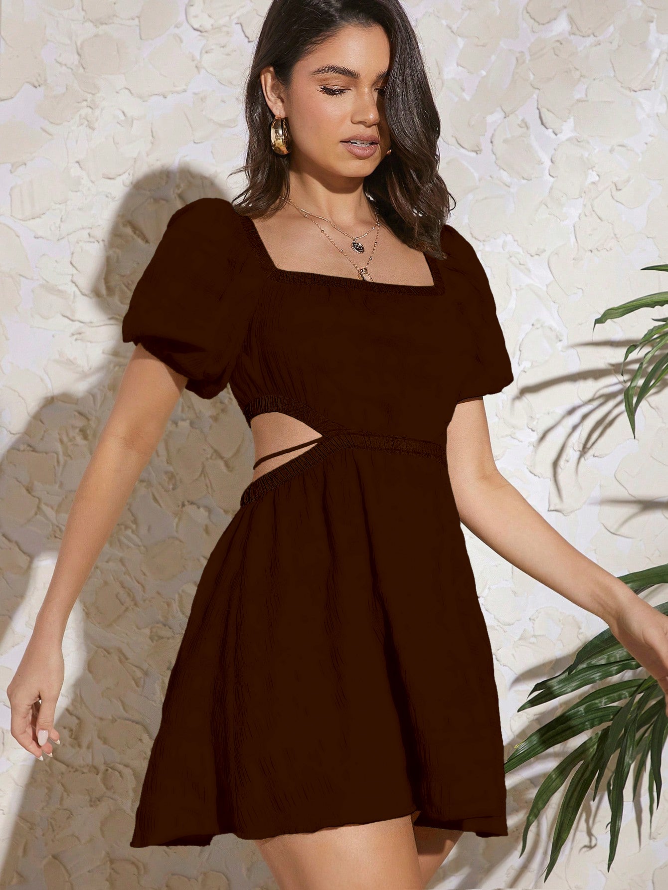 AJULO SQUARE NECK PUFF SLEEVE CUT OUT WAIST MINI DRESS