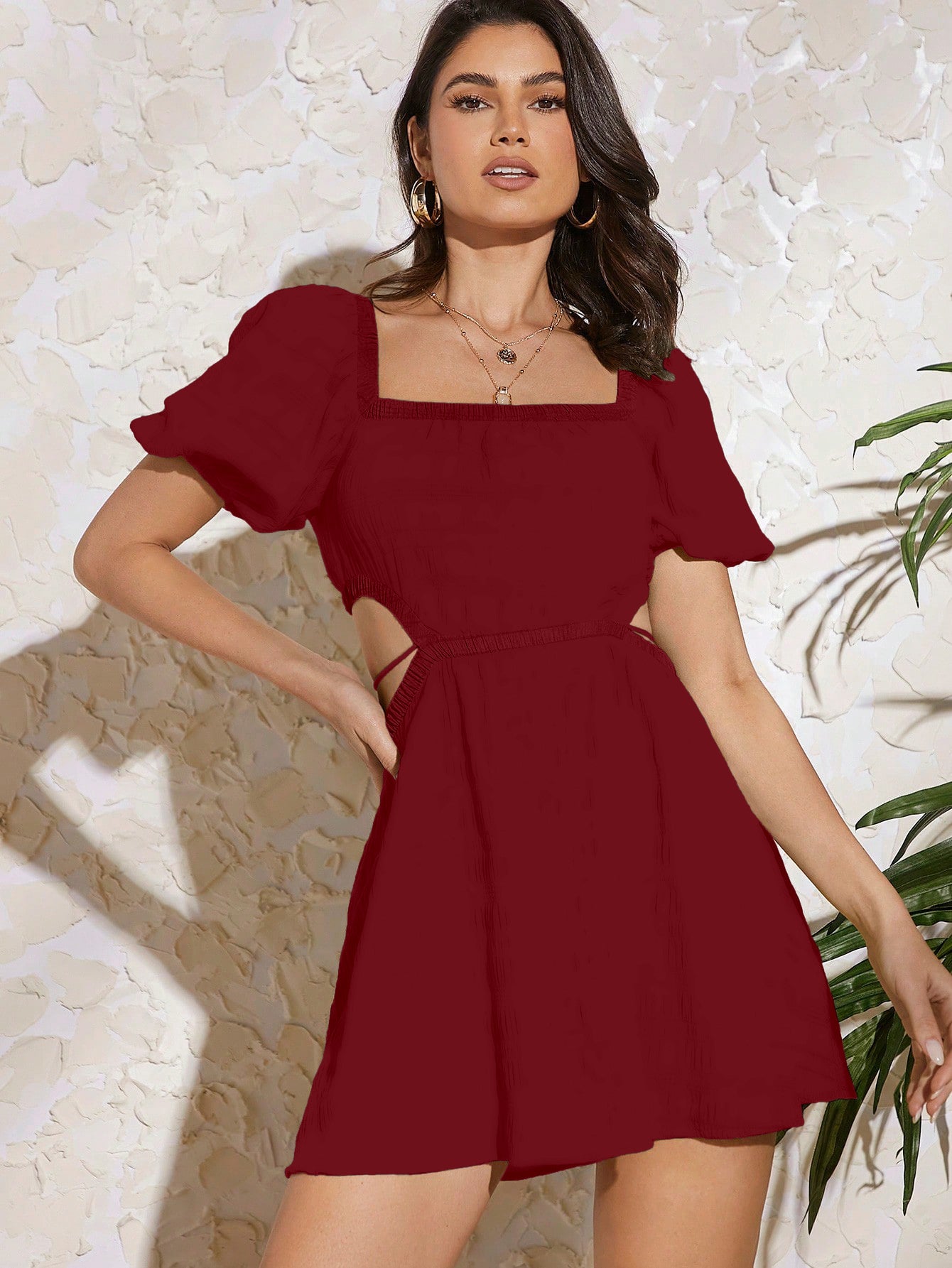 AJULO SQUARE NECK PUFF SLEEVE CUT OUT WAIST MINI DRESS
