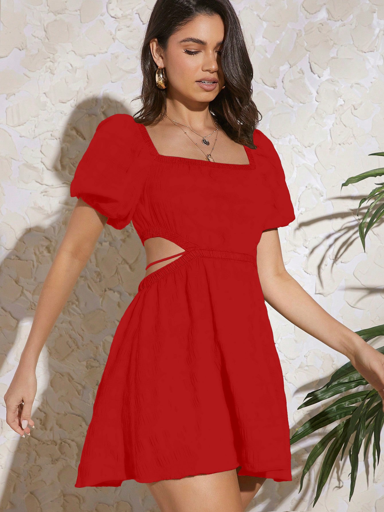 AJULO SQUARE NECK PUFF SLEEVE CUT OUT WAIST MINI DRESS