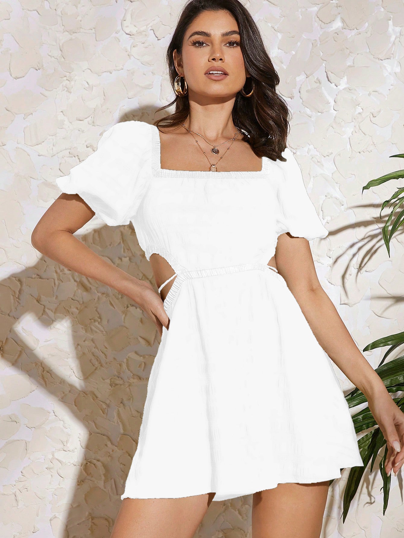 AJULO SQUARE NECK PUFF SLEEVE CUT OUT WAIST MINI DRESS