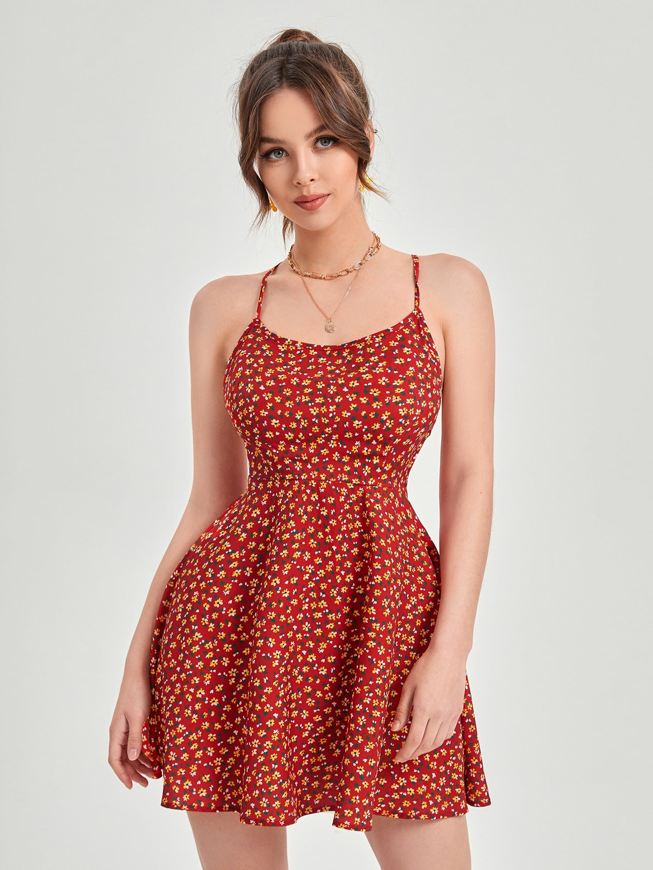 MOCHA LACE UP BACKLESS DITSY FLORAL CAMI DRESS