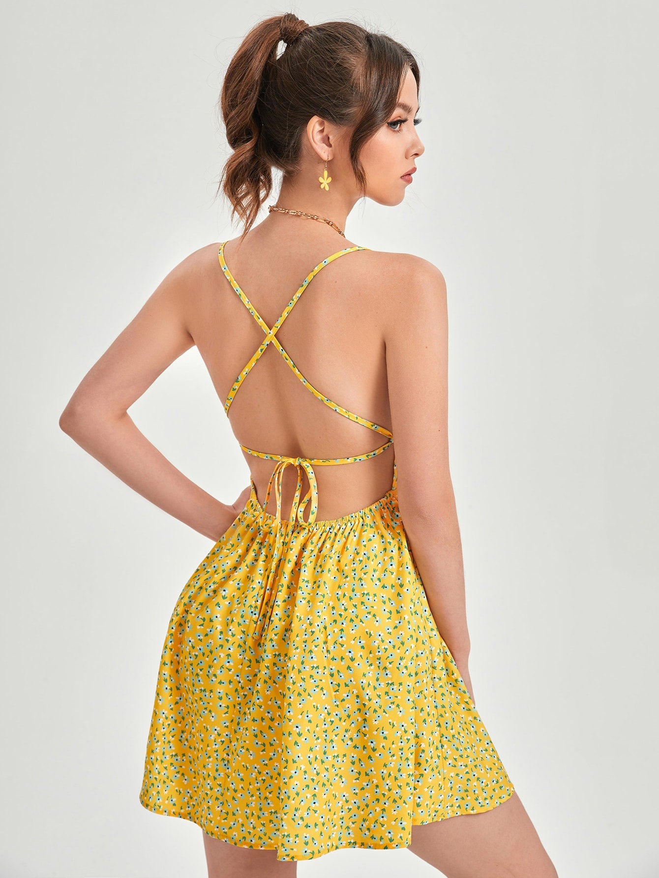 MOCHA LACE UP BACKLESS DITSY FLORAL CAMI DRESS