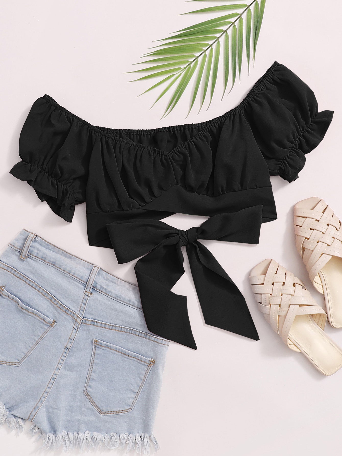 AVIV TIED HEM PUFF SLEEVE CROP TOP