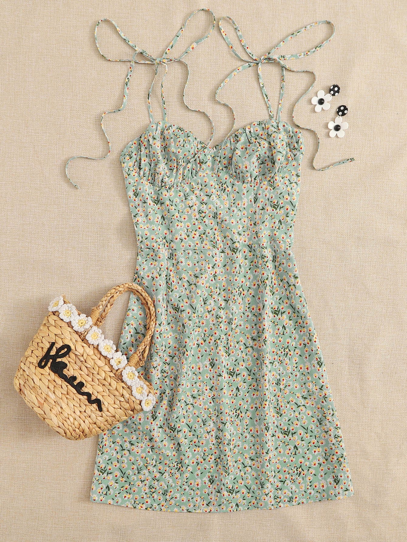 SILA KNOTTED SHOULDER RUCHED BUST DITSY FLORAL CAMI DRESS