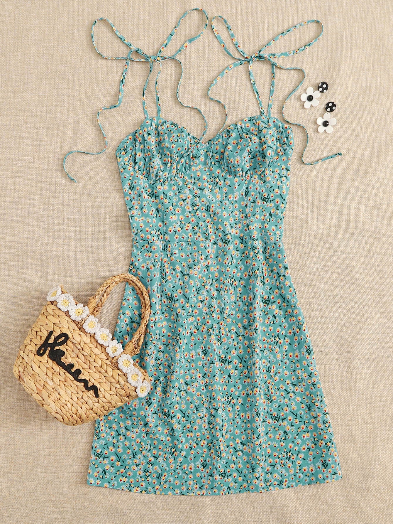 SILA KNOTTED SHOULDER RUCHED BUST DITSY FLORAL CAMI DRESS