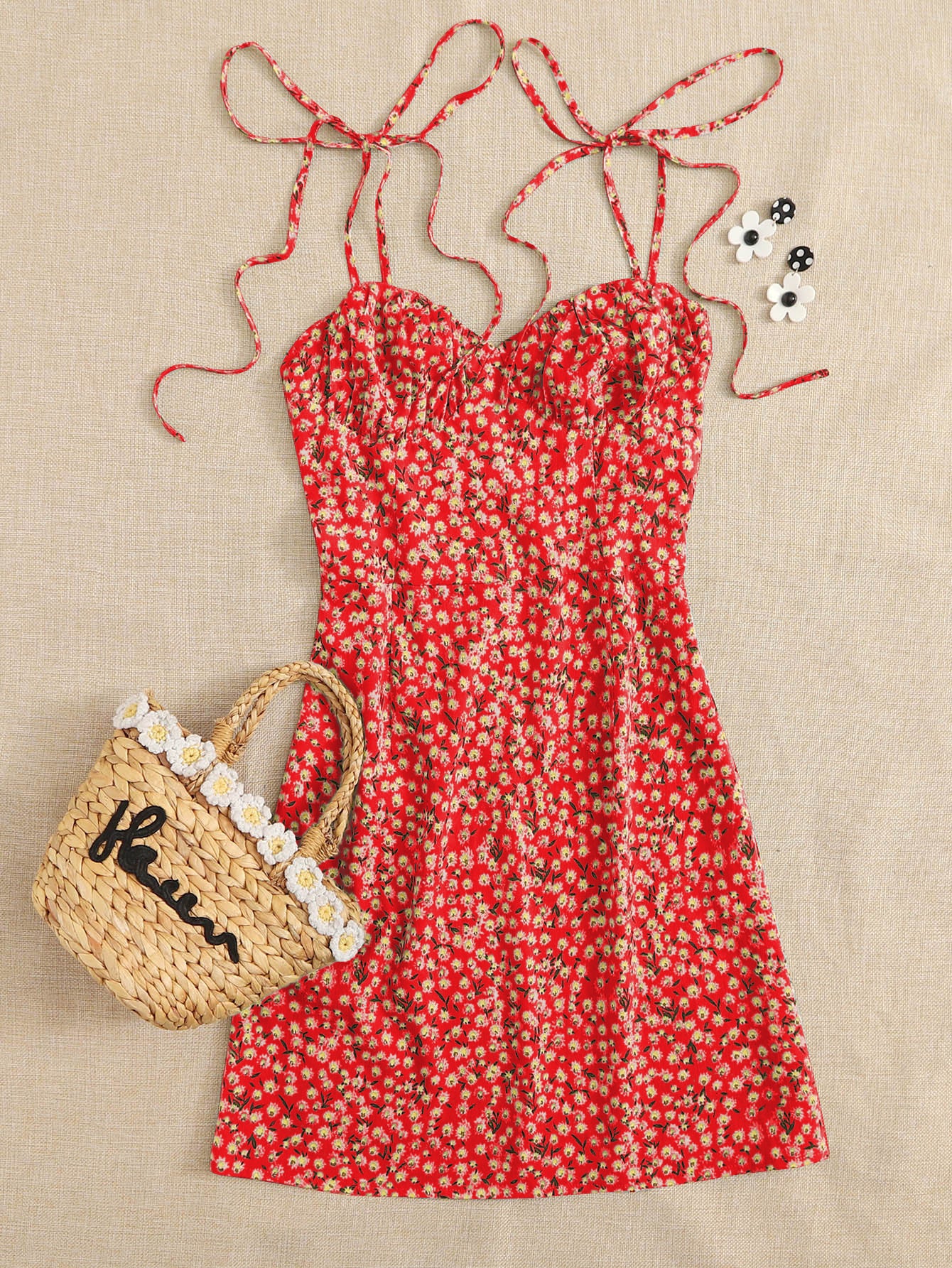 SILA KNOTTED SHOULDER RUCHED BUST DITSY FLORAL CAMI DRESS