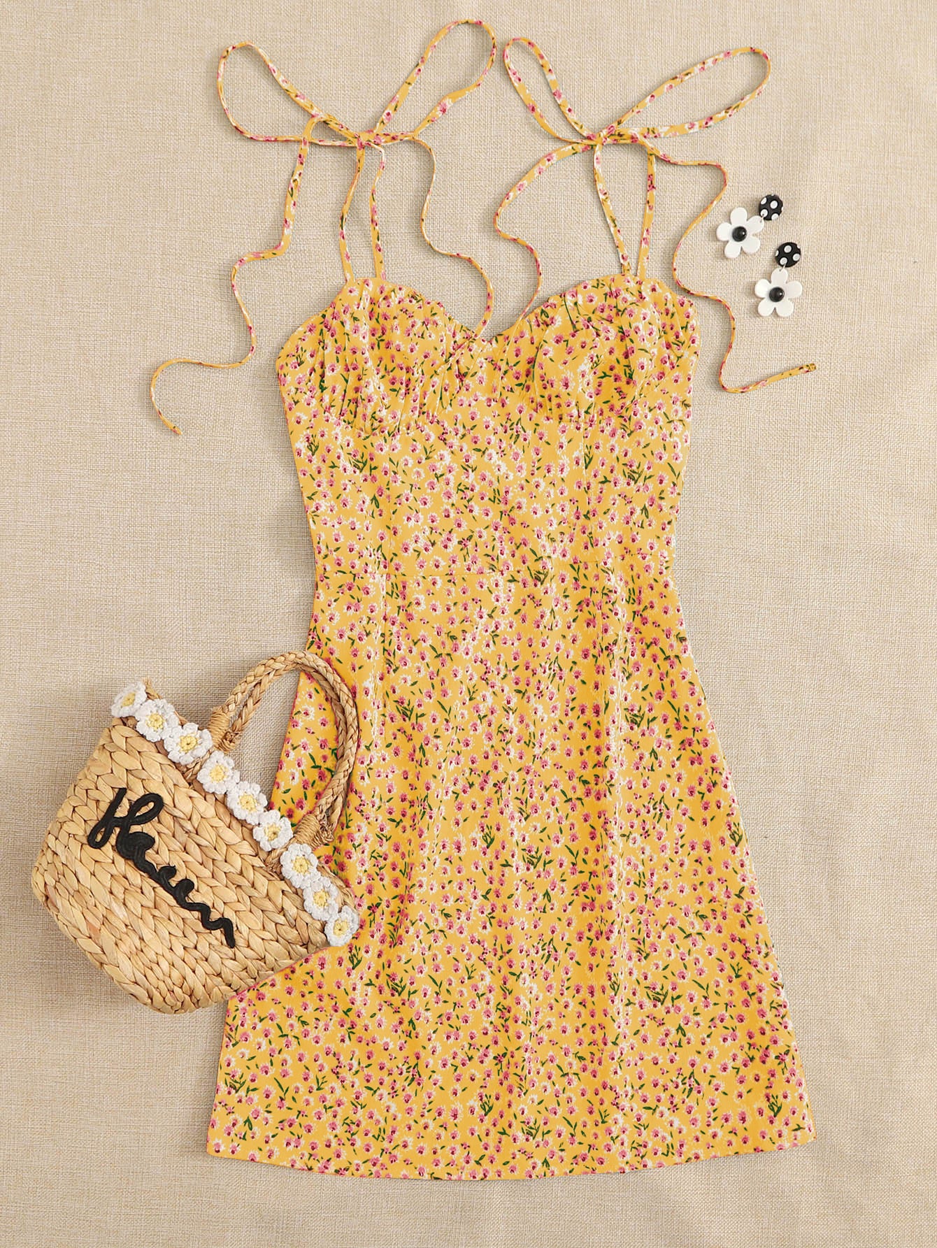SILA KNOTTED SHOULDER RUCHED BUST DITSY FLORAL CAMI DRESS