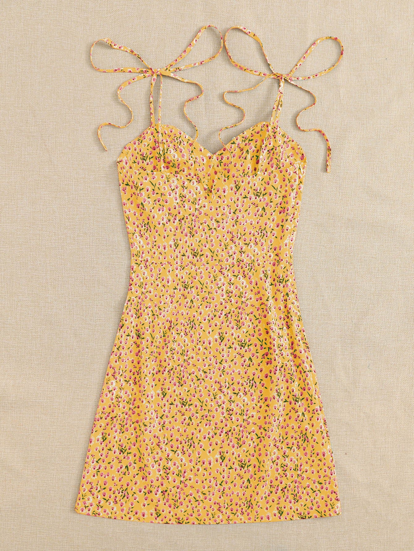 SILA KNOTTED SHOULDER RUCHED BUST DITSY FLORAL CAMI DRESS