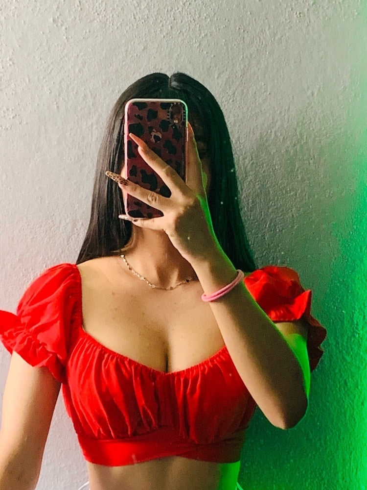 AVIV TIED HEM PUFF SLEEVE CROP TOP